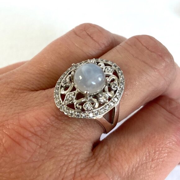 Sterling Silver 925 CFJ Round Moonstone Cabochon Oval Scrollwork Ring Sz 7.75 - Picture 3 of 16